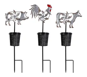 Plow & Hearth Set of 3 Barnyard Animal Stakes w/ Mini Spinners