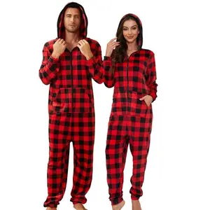 Matching Pajamas For Couples Onesie  Ultra Soft Plaid Hooded Pjs Set Christmas Zipper Men And Women Warm