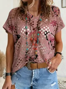 Spring Summer V Neck Hollow Out Batwing Sleeve Knit Top, Colorblock Butterfly Print, Casual Elegant Commuter Wear, Beach Cover-Up