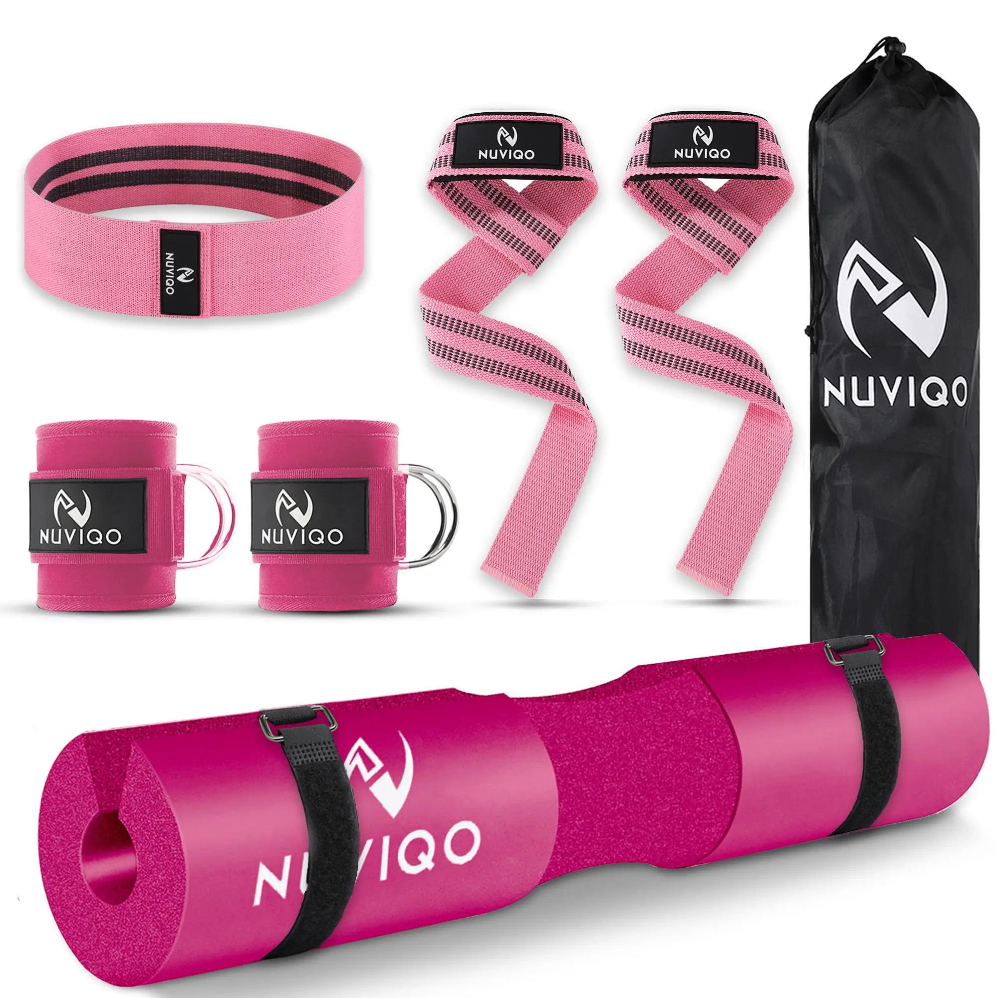 9 Pcs Gym Accessories Set Featuring Barbell Pad with 2 Safety Straps - 2 Ankle Straps for Cable Machine - 2 Weight Lifting Straps - Hip Resistance Band - Carry Bag for Hip Thrust Pad