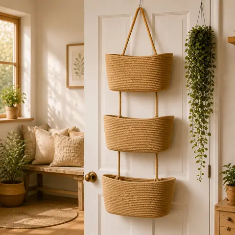 3-Tier Woven Cotton Over-the-Door Jute Texture Organizing Basket with Hooks - Unisex Wall-Hung Home Goods, Multi Purpose Storage for Busy Parents’ Nursery Diapers & Toys