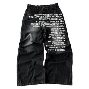 Y2K Streetwear Vintage 90s Printed Patterned Wide Leg Pants, Dark Denim Baggy Loose Cut Ankle Jeans, Thigh Friendly Spring Back to School Casual Trousers