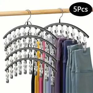 Closet Leggings Storage Rack, Metal Yoga Pants Hangers 5 Pack With 50 Clips, Holds 50 Pairs Of Leggings,Hanger Space Saving Hanging Closet Storage Rack With Rubber Coated Wall Storage Rack And Storage Rack, Black