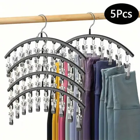 Stainless Steel Hanging Shelf Clothes Hanger Rack Organiser - 5-Pack Mark-Free Wall-Mountable Space-Saver with 50 Plastic ABS Rubber-Coated Clips for Leggings, Yoga Pants (Black)