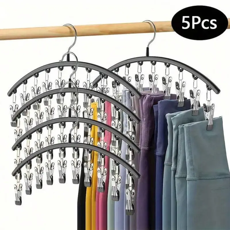 Stainless Steel Hanging Shelf Clothes Hanger Rack Organiser - 5-Pack Mark-Free Wall-Mountable Space-Saver with 50 Plastic ABS Rubber-Coated Clips for Leggings, Yoga Pants (Black)
