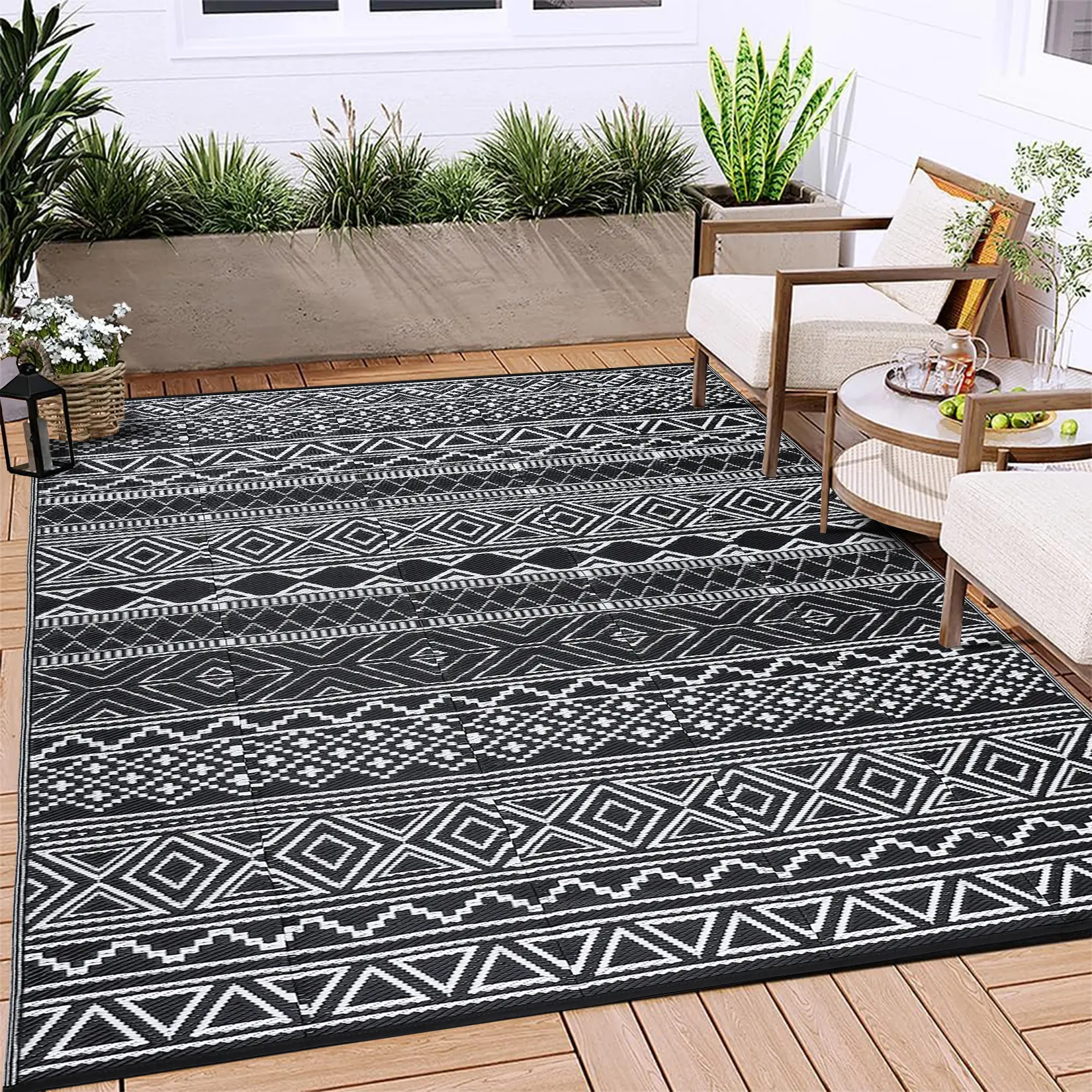 Garvee Upgraded Reversible Outdoor Plastic Straw Rug 5x8ft – Waterproof Patio Mat, Indoor/Outdoor Boho Area Carpet, For Camping, RV, Deck, Porch, Balcony, Backyard – Color: Black/White or Coffee/Black