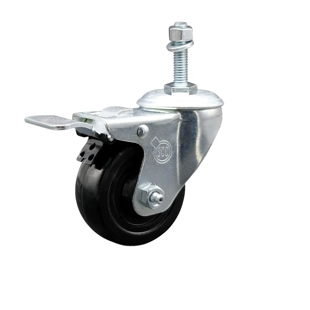 Service Caster SCC-TSTTL20S3514-HRS-381615 Hard Rubber Swivel Threaded Stem Caster with Ball Bearing Design, 3.5 x 1.25 in Black Impact-Resistant Wheel, 0.38 in Stem, Total Locking Brake for Material Handling, 285 Lbs, Equipment