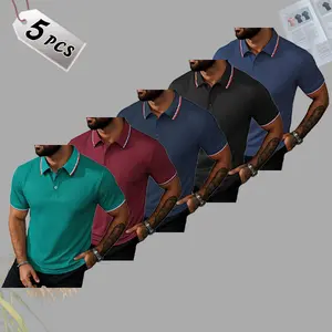 Men's 5-piece Casual Polo Shirt - Contrasting Collar and Cuffs, Light and Thin Fabric, Comfortable Edition, Easy to Control for Daily and Workplace Wear