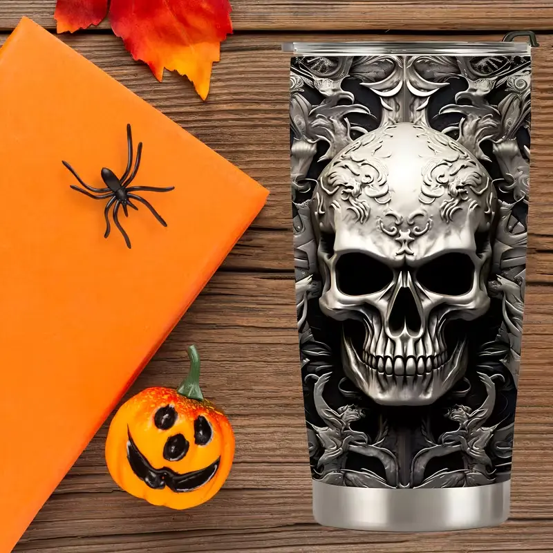 Skull Tumbler with Lid And Straw, Personalized Stainless Steel Water Bottle, Vacuum Insulated Water Cups, Sugar Skull Gifts for Women Men, Best Father'S Day Gifts, Birthday Gifts, Halloween Gifts, Christmas Gifts