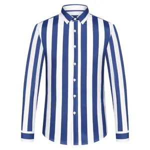 Men's Fashion Long-Sleeve Button-down Dress Shirts with Color Block Stripes - Spring Summer Comfort Vacation Casual Beach Shirt