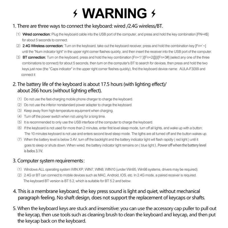 AULA F3099 three-mode wireless keyboard, 99 keys, RGB lighting effect, multi-function knob, light tone film design, compatible with Windows/Mac/iOS system, compatible with computers, notebook computers and mobile phones.