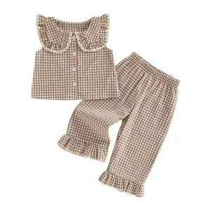 YSHWHWTS Toddler Girl Summer Clothes 1-5T Sleeveless Doll Collar Plaid Tops Vest Elastic Waist Pants Set Cute Baby Outfits
