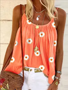 Women's Floral Print Sleeveless Tank Top, Middle Eastern Style Design, Thin Straps, Casual to Formal Wear, Loose-Fitting Minimalist Style