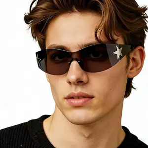 Unisex Rimless Star-Design Oversized Shield Sunglasses - Women's PC Frame, UV400 Protection Lens, Trendy Styling, Trendy Beach Eyewear