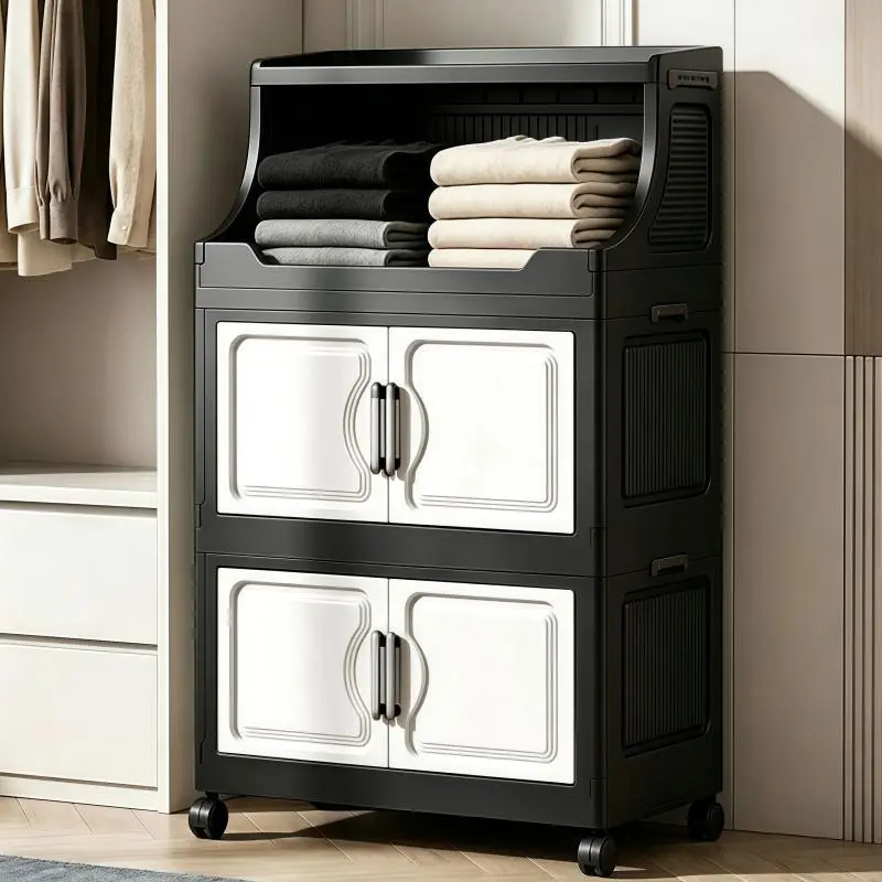 GOLDSNAKE Foldable Closet Style Storage Cabinet With Wheels, Multi Layer Stackable Cabinet Featuring Open Top Shelf And Double Doors, Vertical Space Saving Plastic Storage Cabinet With Tool Free Setup For Organization And Storage In Multiple Scenarios Bed