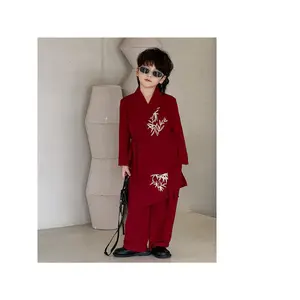 NewRed Chinese Hanfu Suit for Boys, Embroidered Bamboo Rayon Jacket and Pants, Asian Festival Groom Wedding, Kids Mandarin Collar Attire