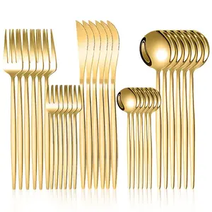 30/5pcs Elegant Golden and Black Stainless Steel Cutlery Set for 1-6, Includes Forks, Knives, Spoons, Serving Spoon – Perfect for Family Gatherings & Holiday Meals | Stylish Tableware Collection