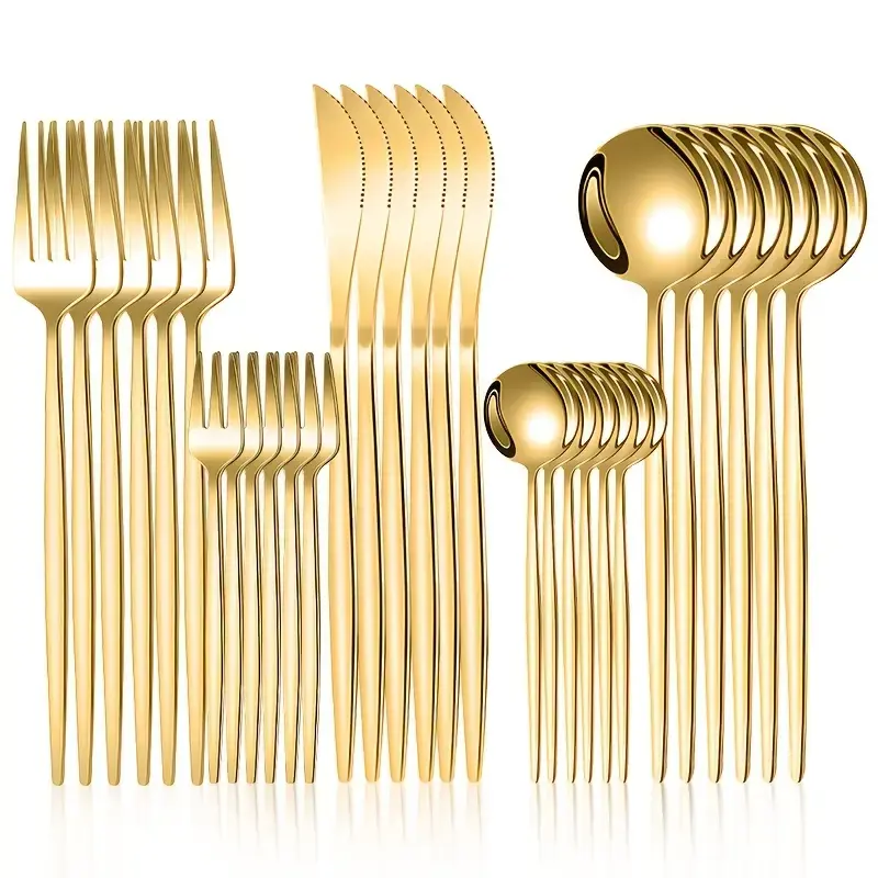 30/5pcs Elegant Golden and Black Stainless Steel Cutlery Set for 1-6, Includes Forks, Knives, Spoons, Serving Spoon – Perfect for Family Gatherings & Holiday Meals | Stylish Tableware Collection