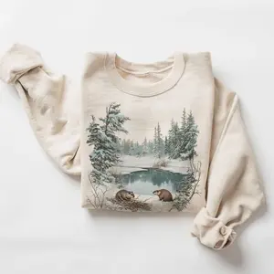 Retro Beavers Winter Pond Snowy Scene Sweatshirt - Nineties 90s Vintage Cute Woodland Creatures Outfit - Boho Unisex Crewneck Sweatshirt - Lauriel Designs  Y5