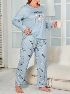 Women's Light Blue Koala Print Pajama Set, Round Neck Long Sleeve Top and Full Print Koala Letter Pants, Comfortable Home Two-Piece Set Loungewear