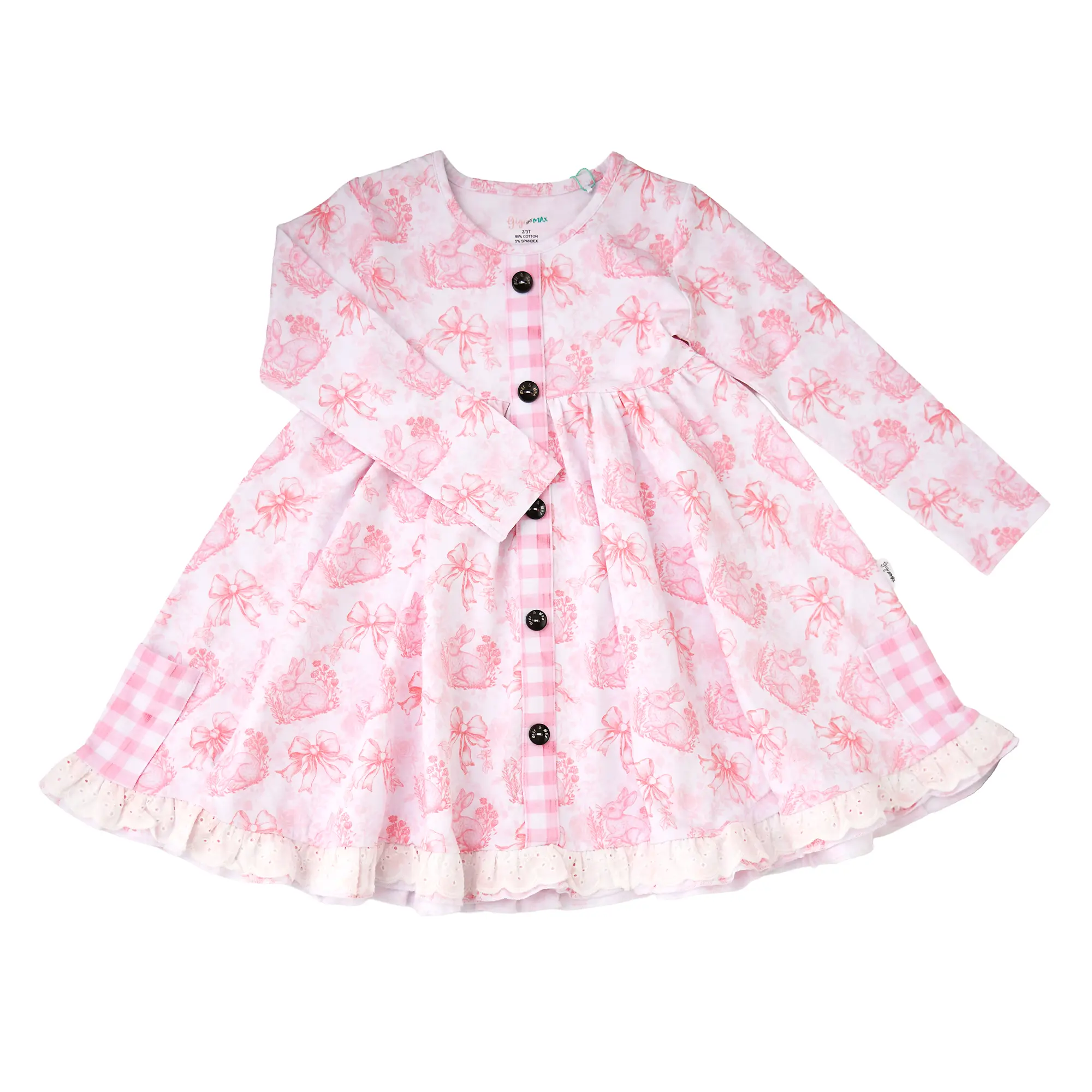 Juniper BUTTON DRESS Adorable Cotton Spandex Easter Bunny Floral Twirl Dress for Babies Soft Comfortable