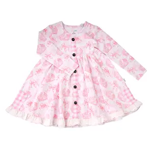 Juniper BUTTON DRESS Adorable Cotton Spandex Easter Bunny Floral Twirl Dress for Babies Soft Comfortable