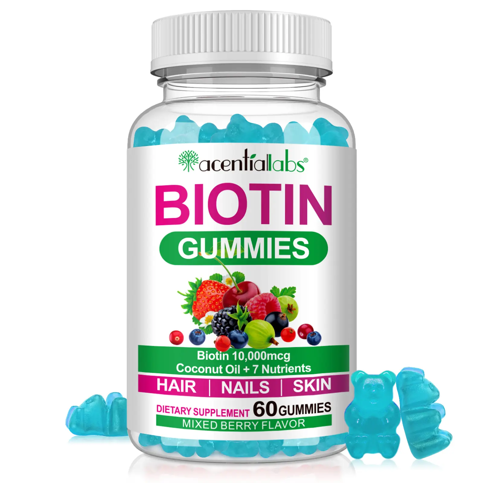 Biotin Gummies 10000mcg - High Potency Hair, Skin & Nails Support with Keratin, Vitamin C, D, E & B-Complex*, Pectin-Based, Vegan, Gluten-Free, Mixed Berry, 60 Gummies (30-Day Supply), Hair Growth Product, Nail Beauty Supplements