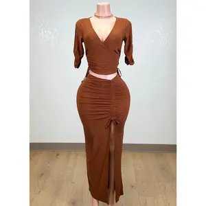 ZURIA BROWN CROPPED TOP AND SKIRT SET