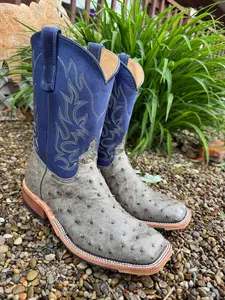 Anderson Bean Men's Mouse Grey Bruciato Ostrich & 10” Royal Blue Top Square Toe Cowboy Boots 339589