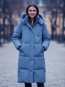 Women's Solid Button Front Pocket Zipper Drop Shoulder Midi Winter Coat, Jackets, Casual Long Puffer Coat For Fall & Winter, Women's Clothing For Daily Wear