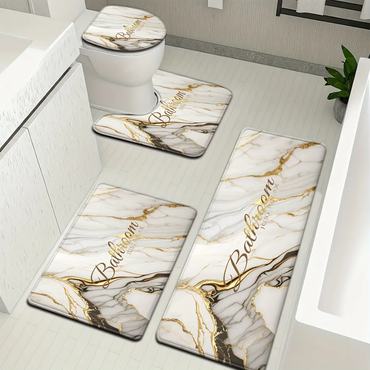 Gilded White Marble Pattern Bathroom Mat Set - 3pcs/4pcs Flannel Prints, Toilet Lid Cover, U-Shaped Footmat for Bathroom Home Supplies