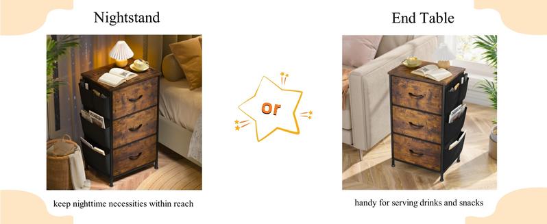 Raybee Furniture Nightstand with 3 Drawers, Night Stand for Bedroom, Bedside Table with Wooden Top, Sturdy Steel Frame End Table, Small Dresser for Bedroom, Living Room