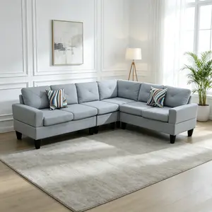 Grey Calico Fabric 4-Piece Modern Sectional Sofa Set, Chic Corner Durable Living Room Conversation Couch Set, Chic Sofa Sets, Corner Sofa Sets