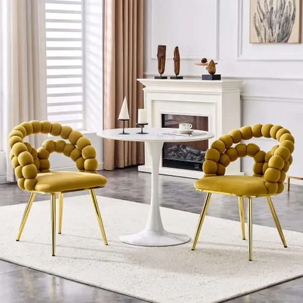 Velvet Dining Chairs Set of 2, Modern Upholstered Accent Chairs with Puffy Bubble Ball Chain Chair and Gold Legs for Dining Room & Kitchen (Yellow, Set of 2)