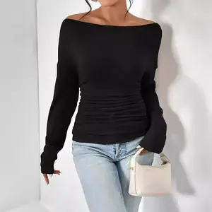 Women's Plain Minimalist Basic Ruched Asymmetrical Neck Drop Shoulder Tee, Elegance Mufti Clothes, Fall Long Sleeve T-shirt for Everyday, Back To School T Shirts, Lady Clothes for Streetwear, Womenswear, Casual Wear