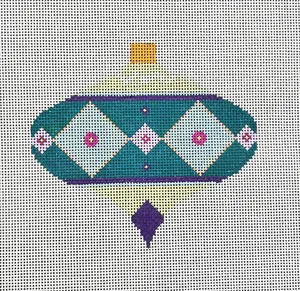 Teal & Purple Needlepoint Ornament: Pink Floral Diamonds