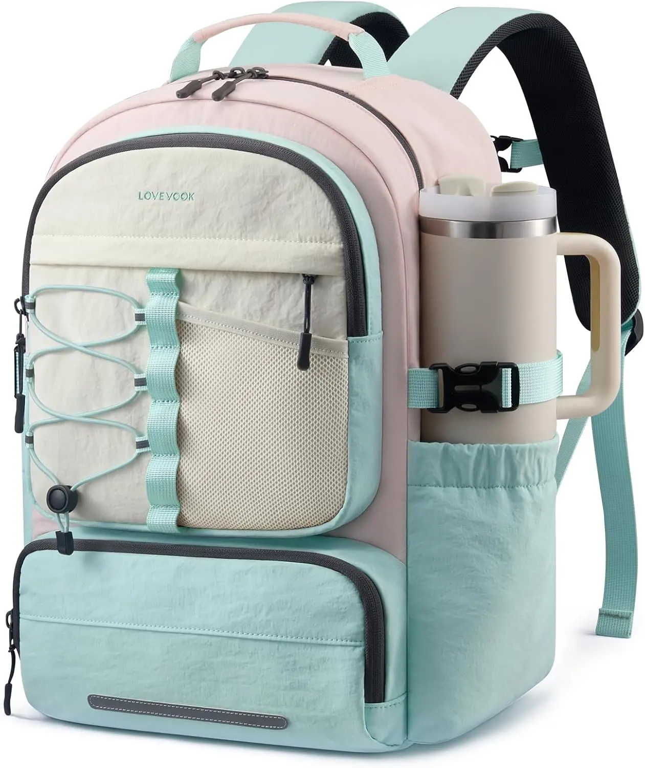 LOVEVOOK School Backpack for Teen Girls, Unique Style College Student Backpacks with Large Cup Holder, Cute Kid Bookbag with Pens Compartment, Large Capacity Back to School Backpack Fit 15.6'' Laptop