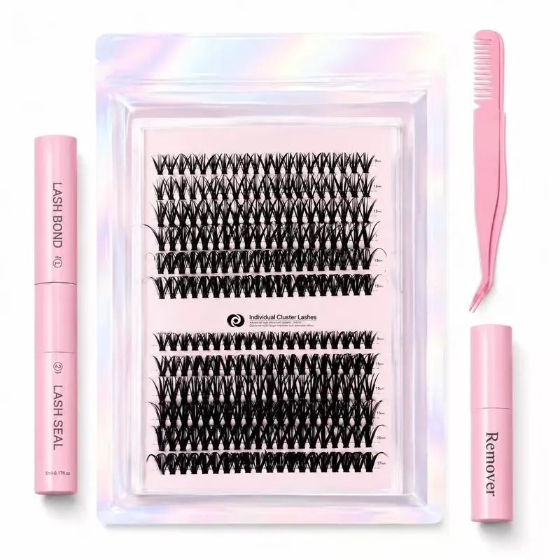 Women's Lightweight DIY Eyelash Extensions Kit for Adults - 1 Set D-Curl Clusters Lashes, Dramatic Fluffy Lashes with Glue, Remover, Brush & Tweezers for Salon-Style Cosmetic Application