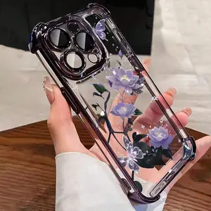 Luxurious purple floral high-quality transparent phone case with reinforced corners and electroplated finish, compatible with 17/16/15/14/13/12/11 Pro Plus series. An ideal gift for holidays, perfect for friends and family.