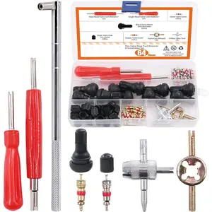 65 pcs Tire Valve Stem Tool Puller and Installer Kit- 50 Pcs Valve Cores with Slotted-Head Valve Caps, Tire Stem Puller Tools,Dual Single Head Valve Core Remover and 4-Way Valve Tool