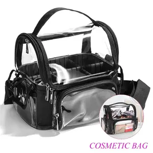 Makeup Brush Bag, Makeup Artist Bag Professional Cosmetic Bag Clear Makeup Bag Large Makeup Train Case Portable Storage Organizer Bag with Adjustable Divide&Shoulder Strap