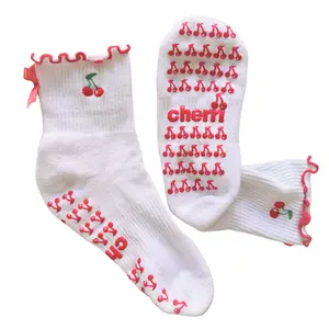 Cherry Ruffle Edge Pilates Grip Sock with Bow Embroidered Cherries, and Lettuce Trim