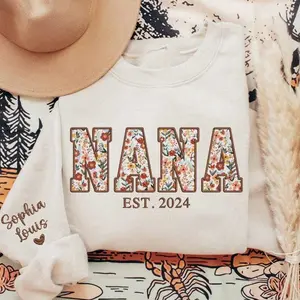 Custom Nana Sweatshirt, Nana Floral Applique Sweatshirt, Nana Sweater with Kids on Sleeve, Personalized Gift for Grandma