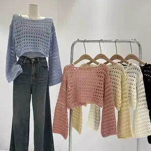 Women’s Crochet Knit Crop Pullover Top - Lightweight, Breathable Summer Casual Outing Wear
