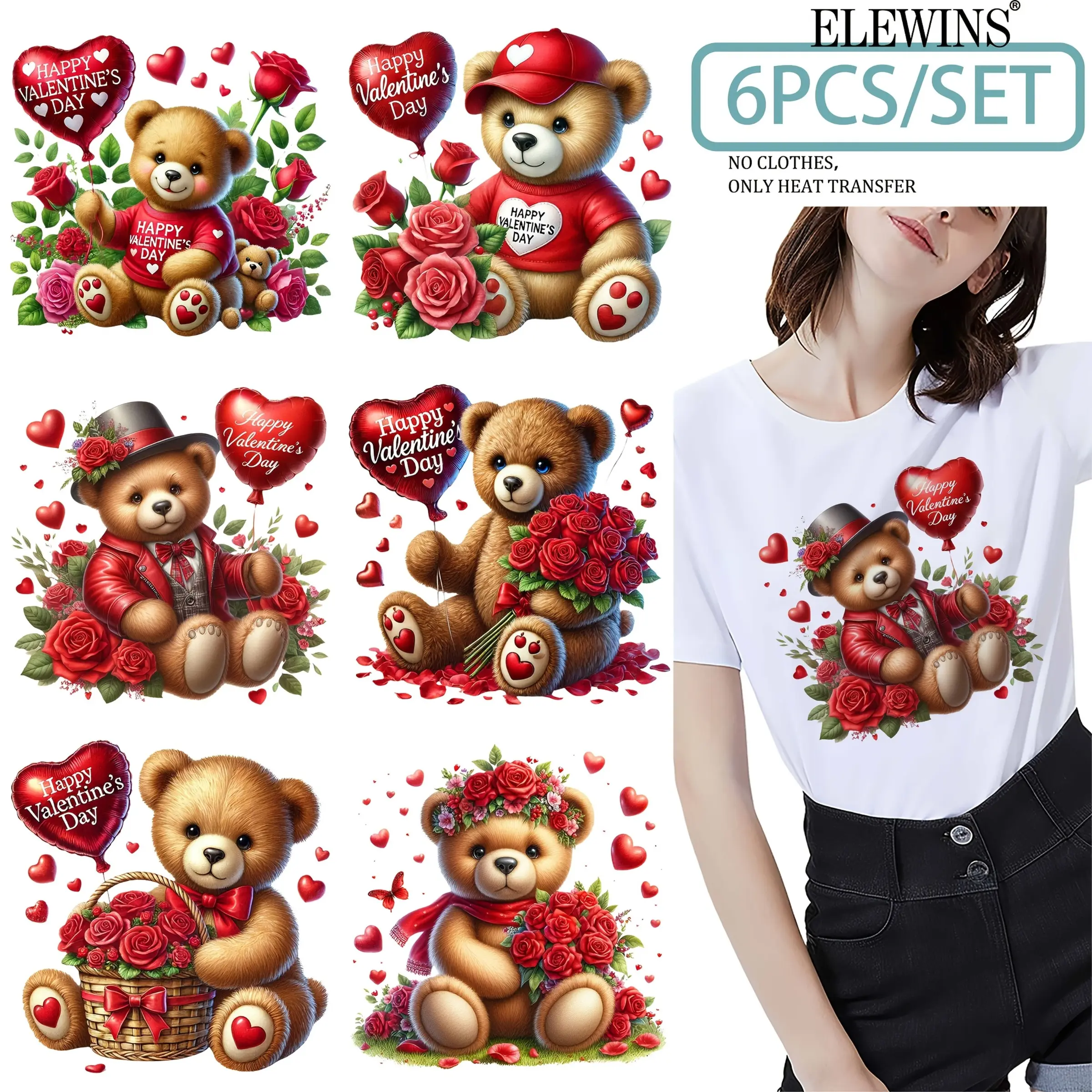 6 Pcs Teddy Bear Hearts Iron-On Transfer Stickers, Cute Heat Press Patch Applying for T-Shirts, Jeans, Hats, Backpacks, DIY Clothing Decoration