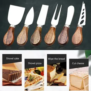6 Pieces Stainless Steel Cheese Knife Set with Bamboo Wood Handle, Cheese Slicer Cutter Fork, Cheese Spreading Knife for Charcuterie Boards and Cutlery Gift Set