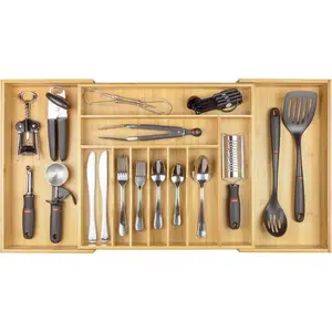 Natural Bamboo Expandable Silverware Flatware Utensil Organizer for Kitchen Drawers, Food-Safe Contract Grade, Adjustable from 18 to 33 Inches