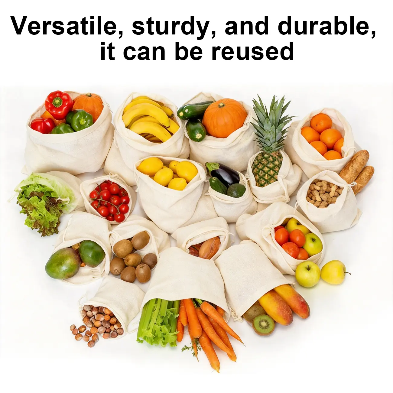 Reusable Produce Bags,8 Pack (4 Large -4 Medium) Organic Cotton Muslin Drawstring Sacks, Washable Grocery Storage Bags for Vegetables Fruit Pantry Organiser Organiser