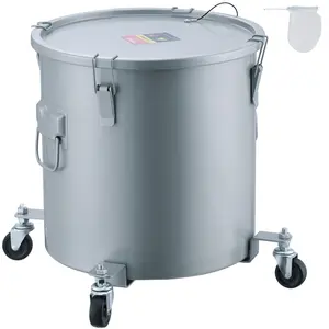 Fryer Grease Bucket, 8 Gallon Oil Disposal Caddy with Durable Caster Base, Carbon Steel Construction with Rust-Proof Coating, Oil Transport Container with Lid, Lock Clips, Filter Bag for Hot Cooking Oil Filtering, Gray Finish