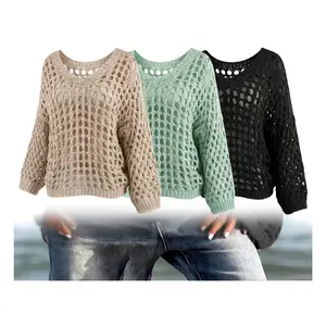 Women's Casual Everyday Loose-Fit V Neck Top, Hollow Out Design, Polyester Knit Fabric, Hand Washable, All Season Wear, Knitwear, Summer